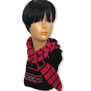 bebe Scarf striped Red Black embellished spell out Logo Size OS